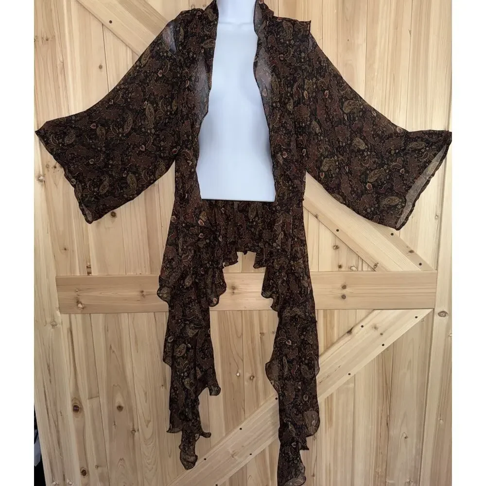 Free People Sheer Ruffle Brown Paisley Y2K Boho High Low Duster Cover Up Sz M/L